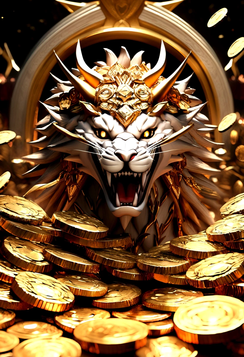 "3D rendering of a very nice white Chinese dragon，Dynamic expression, Sharp effects and details，Best image quality，High resolution，Variety of colors,　Lots of coins, treasure"