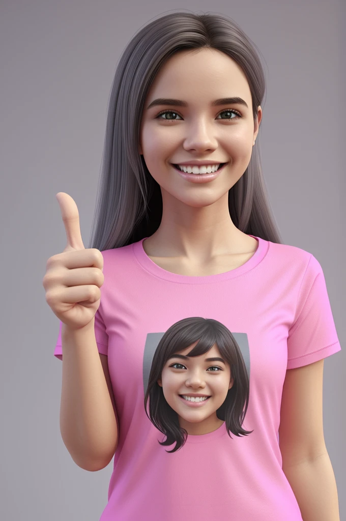 a girl wearing pink t-shirt, thumb up, bright smile, gray background, 3d cartoon render