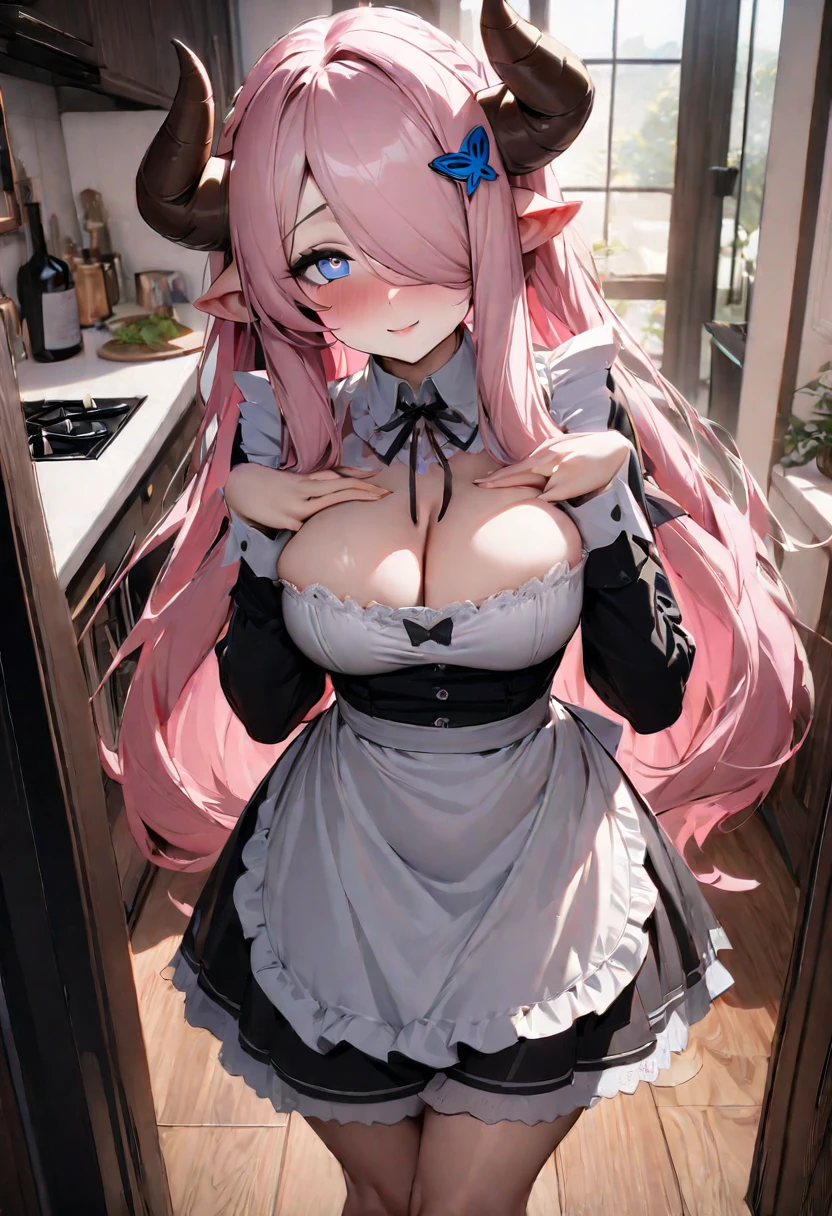 The perspective of this image is from several feet away and gives a full body view of Narmaya. Narmaya is standing in a living room. She is wearing a French maid outfit that leaves little to the imagination. Her expression is extremely seductive and confident. The image is life-like and semi-realistic. Extreme detail has been put into the shading. It's a masterpiece of erotic art. (masterpiece), best quality, expressive eyes, perfect face, seductive, erotic, 8k, absurdres, narmaya, pink hair, blue eye with pink pupil, hair over eye, draph, brown horns, butterfly hair clip, (masterpiece), best quality, expressive eyes, perfect face, narmaya, kitchen, living room, standing, light smile,