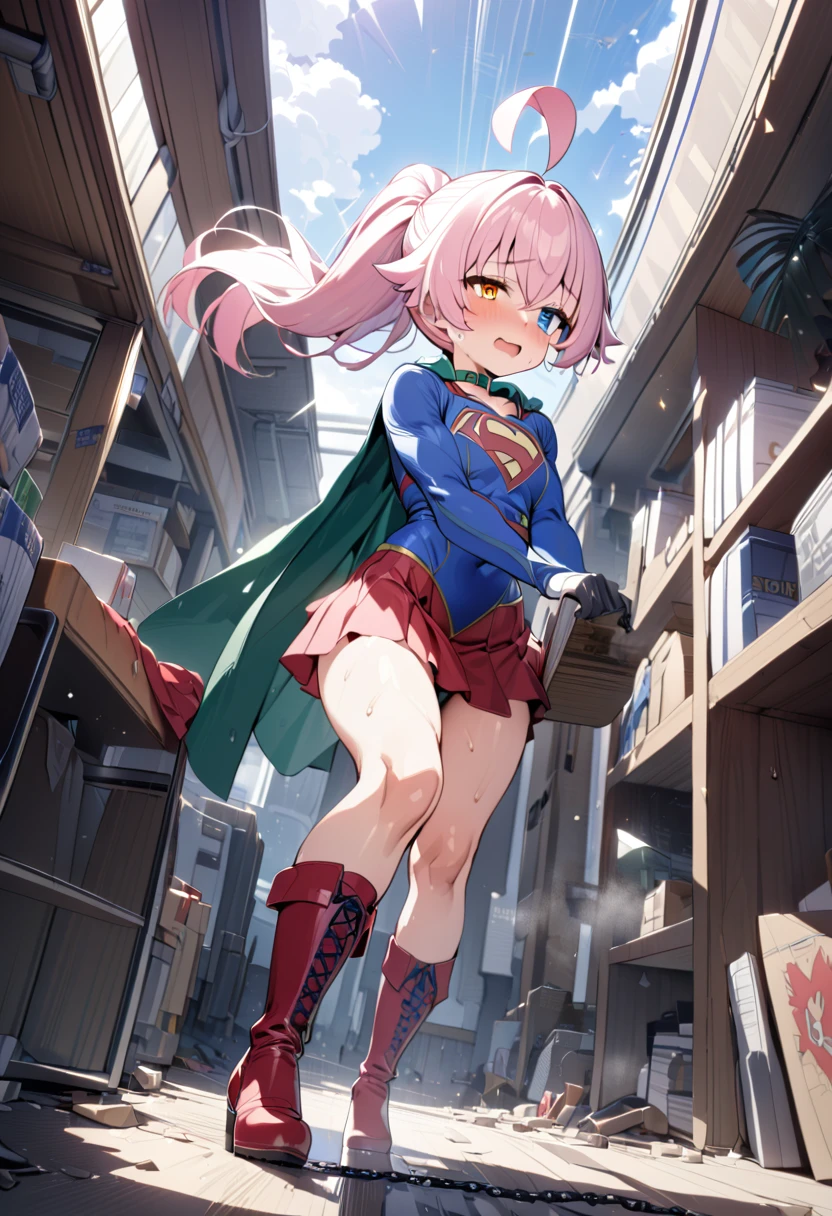 (full body), (masterpiece:1.2), (Highest_quality:1.2), (Ultra_detailed:1.3), 8K, Low - Angle，From below， 1 Girl，alone，大きなButtの***, red knee high long boots，wearing spcc costume with cape，( Supergirl), Blue leotard，Red mini skirt，Red Cape，gloves，hoshino-ponytail,hoshino \(blue archive\), heterochromia,medium hair,ponytail,pink hair,ahoge,Halation,(Browsing Caution,Heart-shaped pupils,Masturbation，Masturbation，Man muscle，Groin, Butt,Sweat,，Climax，To convulsions，Wear a green collar，wrists tied with chains)，