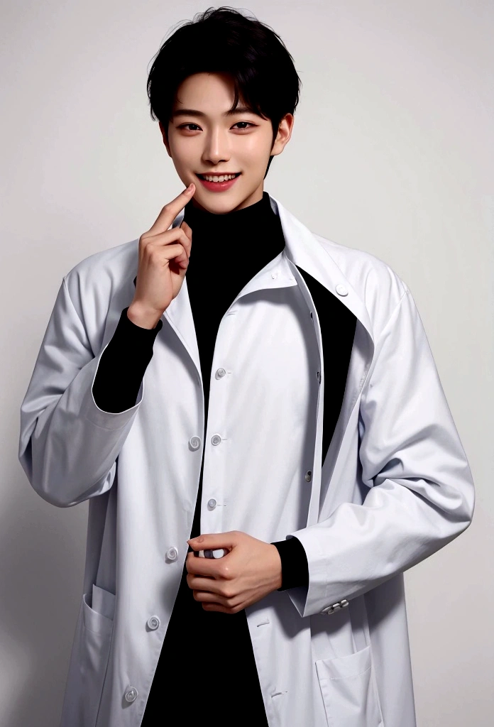Top quality, super detailed,, (Korean), long body, (black turtleneck)), clean lab, (beautiful), (long body)) big smile, top quality, super detailed, illustration, super detailed view, (realistic), (black hair)), one young man, (all Evian), (researcher in lab coat)), (no glasses), twink, (fair skinned), (knowledgeable), (Korean), long body, (white shirt)), clean lab, (beautiful), (long body)) big smile, OK pose with right hand near face He is making an "OK" gesture with his right hand, with his hand raised near his face. He has a bright and cheerful expression, smiling widely, showing his teeth. His smile is so big that his eyes almost close, and he is looking straight into the camera. The background is bright and white, giving the image a clean and fresh feel.