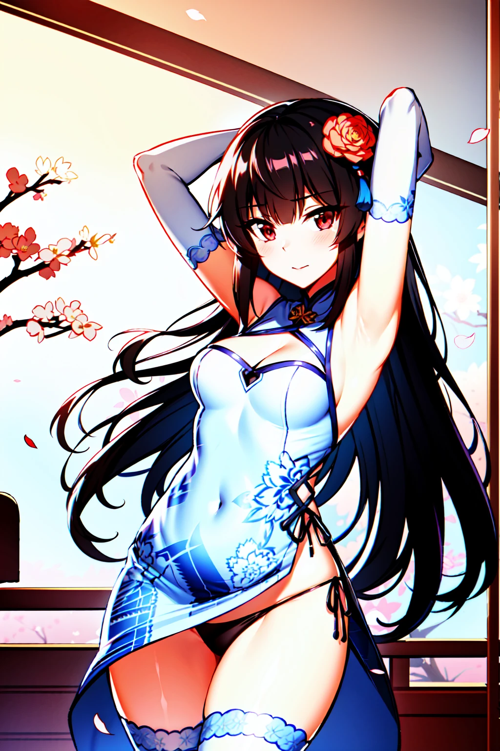 1girl,masterclass,best quality, illustration, solo, black hair, red eyes, xiao_lin, expressionless, closed mouth,cowboy_shot, dutch_angle, architecture,armpits,arms_behind_head,arms_up,black_thighhighs,blush,breasts,cherry_blossoms,china_dress,chinese_clothes,cleavage,cleavage_cutout,clothing_cutout,covered_navel,dress,east_asian_architecture,elbow_gloves,falling_petals,floral_print,flower,flower_knot,gloves,hair_flower,hair_ornament,long_hair,panties,panty_straps,pelvic_curtain,petals,print_dress,red_eyes,side-tie_panties,side_slit,sleeveless,sleeveless_dress,string_panties,tassel,thighhighs,thighs,underwear,white_dress,white_flower,