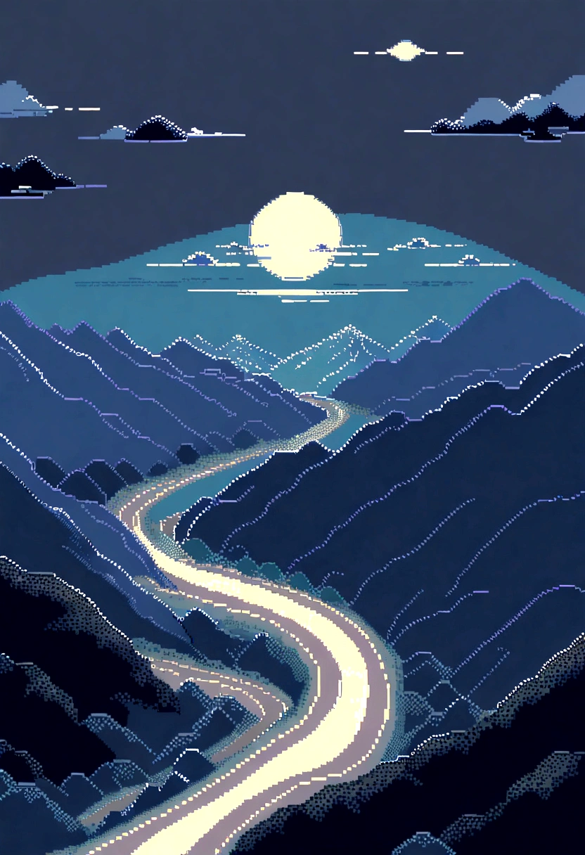 Pixel Art. It depicts a tarmac mountain road in Japan at night,Bumpers all around,There are many sharp turns, Faded old lanterns illuminate, Against the backdrop of mountains