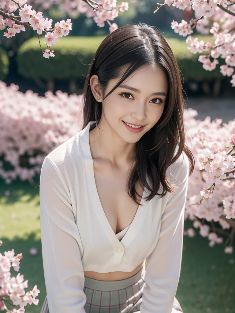 Drooping collar, A slightly visible bra under the shirt,Looking down,Leaning forward,(((A small valley is visible))),skirt,One girl, Looking_in_Audience, smile, Japan, Tokyo, Cherry Blossom, Octane Rendering, 一人in, Very skinny,V-neck　business suit,A neat image,Mature Woman