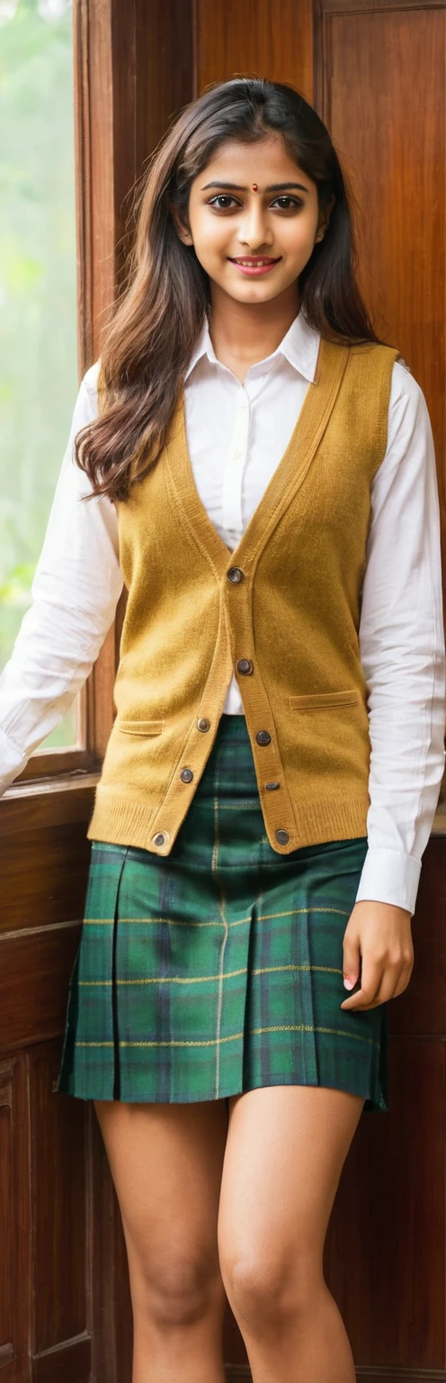 (masterpiece, best quality:1.2), 1girl, solo,standing_split, 
Mally beauty, beautiful Kerala girl, brown eyes, brown hair, hair ornament, long hair, green plaid skirt, sainan high , , white shirt, yellow sweater vest,no panty, wet and creamy vagina, sweaty skin

