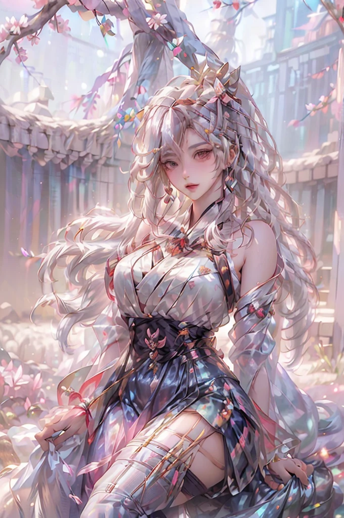 ((Hairstyled white hair:1.5))(Japan kimono with cherry blossom pattern:1.3), Symmetric, (highest quality, Photorealistic:1.4, Raw photo:1.2, Cinematic light, Highly detailed illustration), (1woman:1.3, alone), (Asian Girl, Very delicate face, Super beautiful face, Very delicate eyes, Ultra detailed nose, Very sophisticated mouth, Highly detailed facial features), woman, (Medium Bust:1.3), skin, Lip gloss, Laughter, Full Body View, High resolution, High resolution, 8k, Masterpiece 2:1, Skin Radiance, Glowing Skin, Young girl,( Kyoto、Falling cherry blossoms)、off shoulder, shoulder blades、kimono