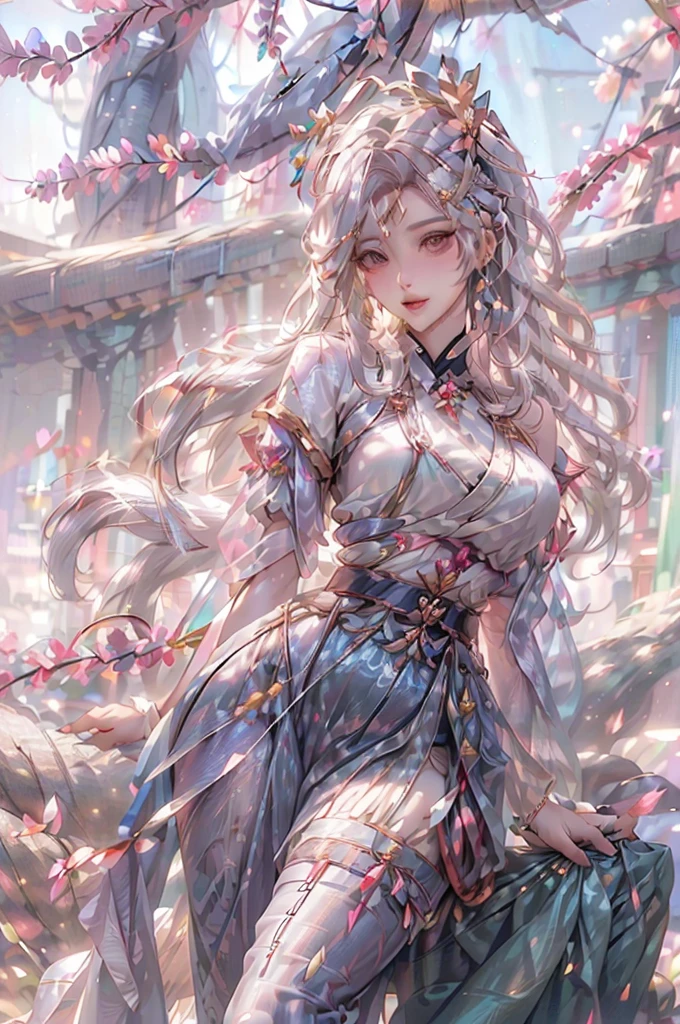 ((Masterpiece, Highest quality)), Detailed face, CharacterDesignSheet， full bodyesbian, Full of details, Multiple poses and expressions, Highly detailed, Depth, Many parts，1girll，Fairy Maiden，Hanfu，Fairy air fluttering，Gold and pink，Floating in the sky，Cloud Girl，​​clouds，ogle，Extremely beautiful，brightly，Natural light, Lace，lacepantyhose，