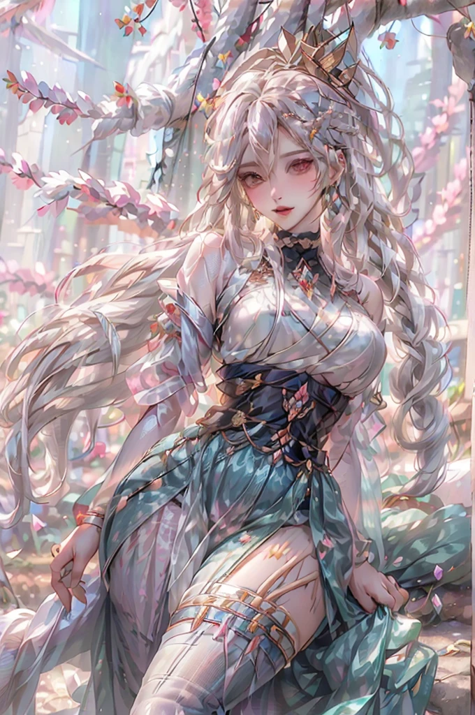 ((Hairstyled white hair:1.5))(Japan kimono with cherry blossom pattern:1.3), Symmetric, (highest quality, Photorealistic:1.4, Raw photo:1.2, Cinematic light, Highly detailed illustration), (1woman:1.3, alone), (Asian Girl, Very delicate face, Super beautiful face, Very delicate eyes, Ultra detailed nose, Very sophisticated mouth, Highly detailed facial features), woman, (Medium Bust:1.3), skin, Lip gloss, Laughter, Full Body View, High resolution, High resolution, 8k, Masterpiece 2:1, Skin Radiance, Glowing Skin, Young girl,（ Kyoto、Falling cherry blossoms）、off shoulder, shoulder blades、kimono