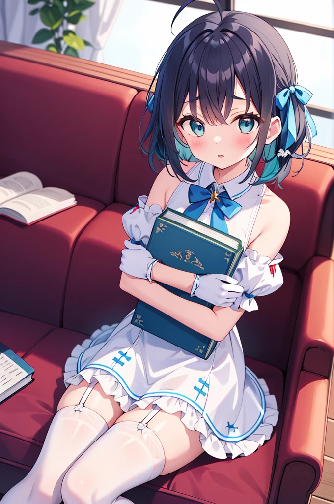 14 year old girl, charmy-angle, looking at viewer, blue bow, frills, striped bow, frilled dress, white thighhighs, white dress, long hair, dress bow, 1girl, cross-laced clothes, blue eyes, window, puffy short sleeves, detached sleeves, white gloves, short sleeves, :), couch, twintails, bow legwear, sea foam green hair, bow print, holding, book, blue dress, ahoge, plaid dress, book stack, dutch angle, on couch, indoors, stuffed animal, white legwear, off shoulder, white bow, hair bow, long hair, diagonal-striped bow, parted lips, medium hair, blush, neck ribbon, short hair, blue ribbon, curtains, green bow, white collar, object hug, bear print, hair ribbon, bare shoulders, eyebrows visible through hair, frilled legwear, detached collar, blue dress, garter straps, teddy bear, stuffed toy, frilled thighhighs, blurry, sitting, frilled bow, print skirt, bear shaped bag, puffy sleeves 
