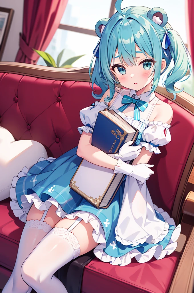 14 year old girl, charmy-angle, looking at viewer, blue bow, frills, striped bow, frilled dress, white thighhighs, white dress, long hair, dress bow, 1girl, cross-laced clothes, blue eyes, window, puffy short sleeves, detached sleeves, white gloves, short sleeves, :), couch, twintails, bow legwear, sea foam green hair, bow print, holding, book, blue dress, ahoge, plaid dress, book stack, dutch angle, on couch, indoors, stuffed animal, white legwear, off shoulder, white bow, hair bow, long hair, diagonal-striped bow, parted lips, medium hair, blush, neck ribbon, short hair, blue ribbon, curtains, green bow, white collar, object hug, bear print, hair ribbon, bare shoulders, eyebrows visible through hair, frilled legwear, detached collar, blue dress, garter straps, teddy bear, stuffed toy, frilled thighhighs, blurry, sitting, frilled bow, print skirt, bear shaped bag, puffy sleeves 