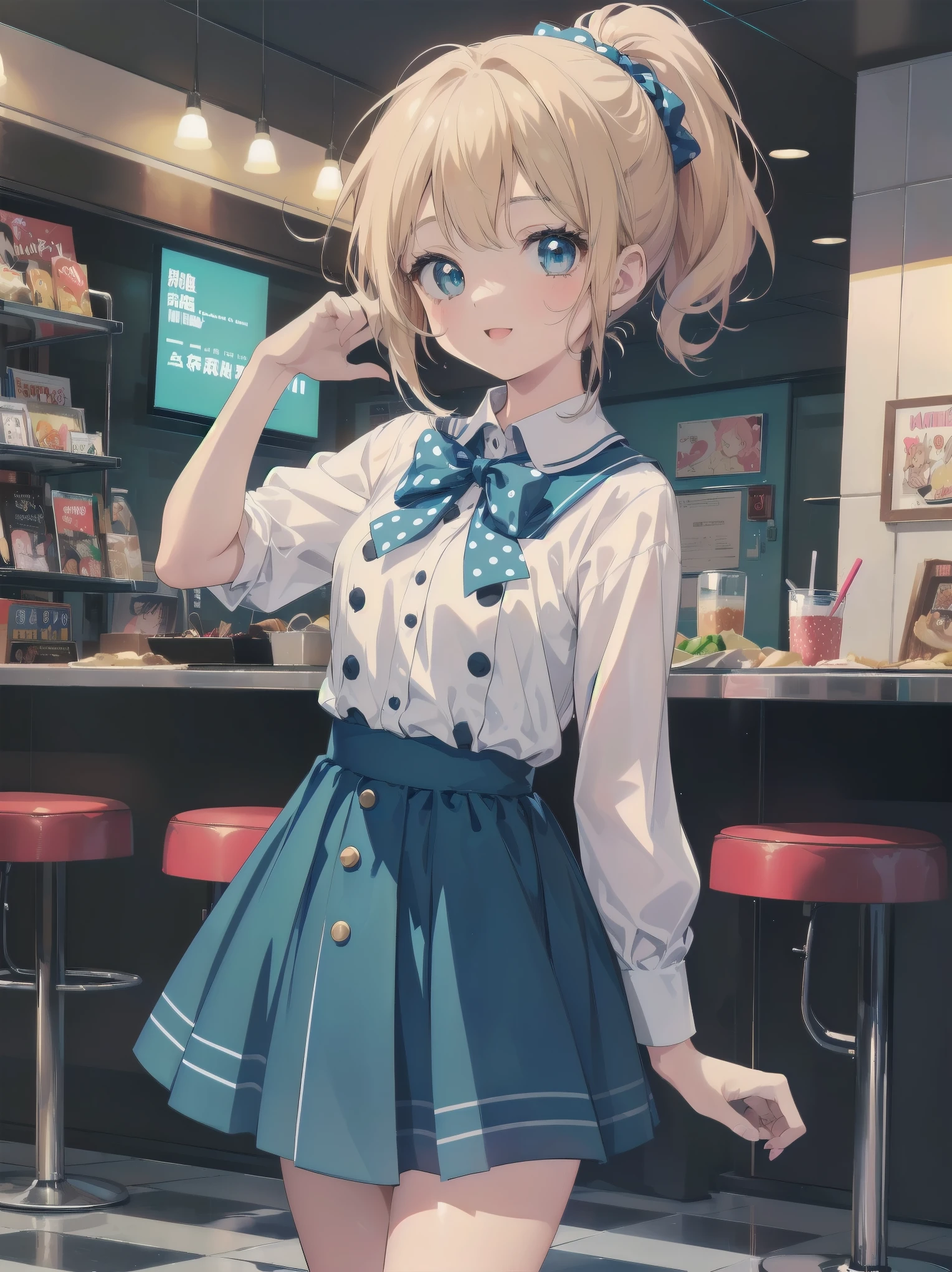 (masterpiece: 1.2)、(Highest quality: 1.2)、Highest resolution、Very detailed。BREAK. ((Anime girl in cute retro style uniform))、Transparent Girl、(1、Hilarious、 years old: 1.3)、Bright smile、Energetic pose、High ponytail、Shining Eyes、Small build、(Highest quality: 1.2)、Very high resolution、Very detailed。Expressive eyes、Beautifully detailed lips、High resolution detailed hair、Perfect Face、Rosy Cheeks、Moving Hands、Perfect lighting。BREAK. ((Polka dot retro style uniform))、((white blouse with peter pan collar、Blue polka dot skirt: 1.3))、Cat shaped button、Ankle socks、Saddle Shoes。BREAK. (1950s-style diner)、jukebox、Plaid floor、Milkshake、(Composition of cowboy shots: 1.2)。BREAK. ((positive: 1.3))。BREAK。Digital Animation Art、Retro anime style illustration