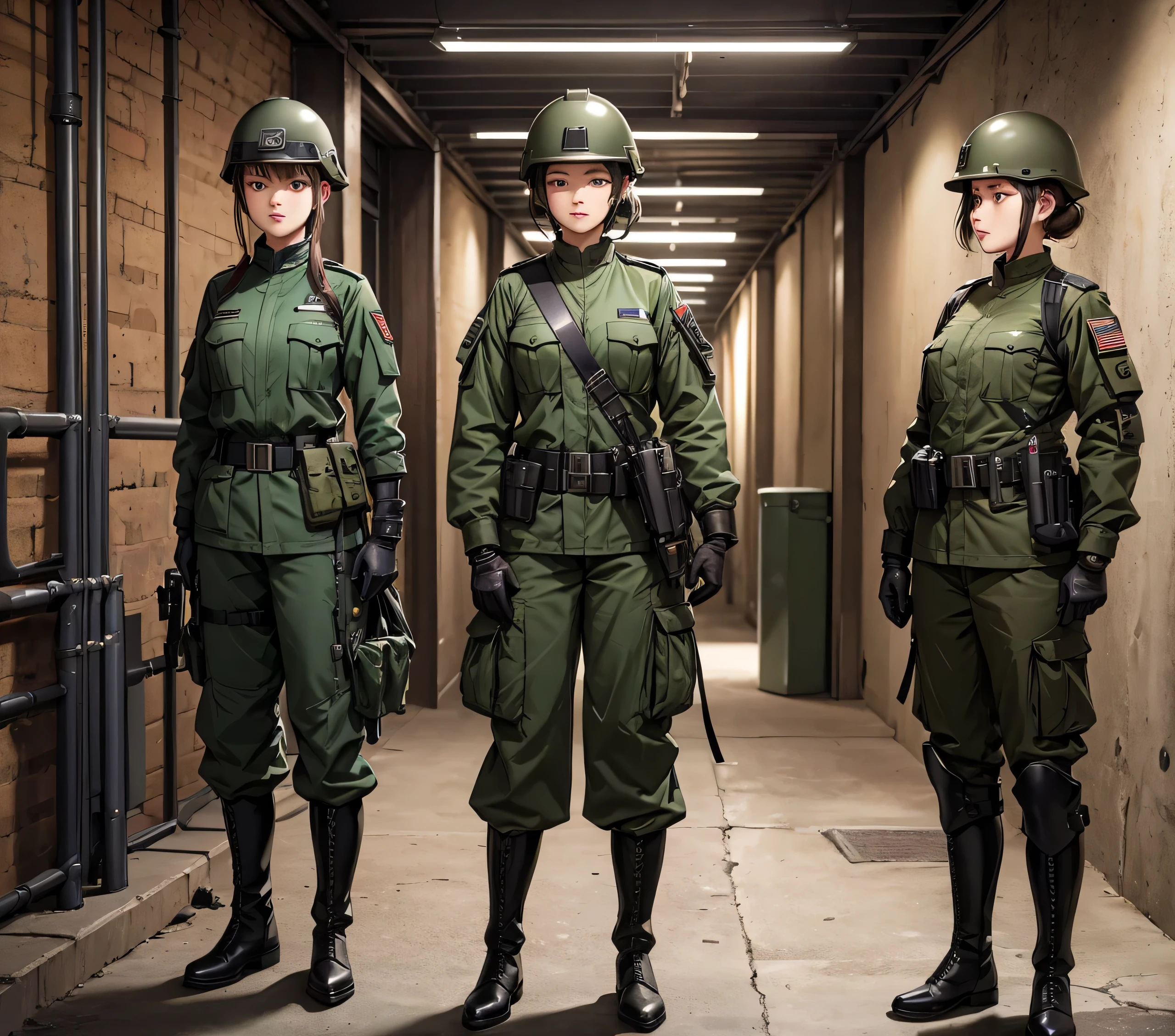 A group of female soldiers wearing helmets、Guard in the basement、Dark green military uniform、Belt magazine pouch、Military Pants、Riding boots、Gloves、Write details、masterpiece、best quality、Highly detailed CG、8K picture quality