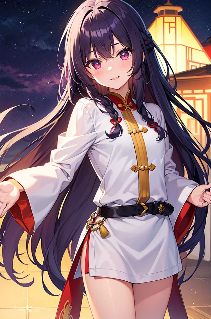 highest quality, masterpiece, High resolution, 一人in, {Aaron_Fleet Collection:1.15}, black_hair, length_hair, hair_ornament, hairband, Brown_eye, hairclip, red面, smile, headgear, chest, Non-traditional_Miko, hair_between_eye, One girl, independent_sleeve, Japanese_Clothes, Looking_in_Audience, red_skirt, ribbon-trimmed_sleeve, ribbon_trim, skirt, just_shoulder, Simple_background, white_background, Open_mouth, sarashi, wide_sleeve