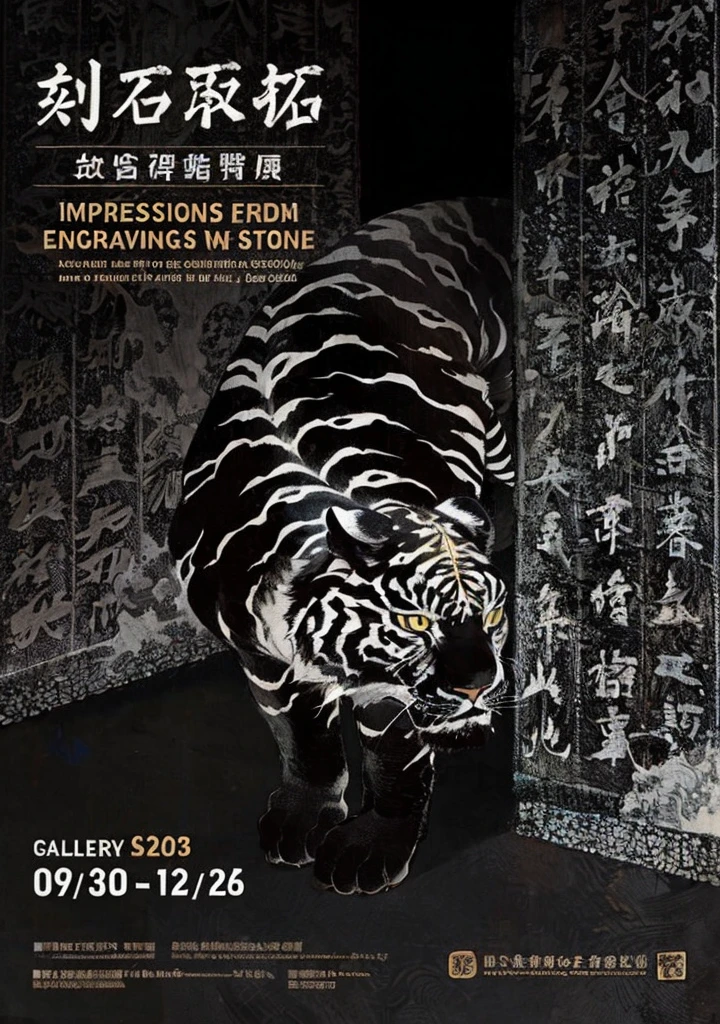 a majestic tiger emerging from between two ancient stone tablets, ink wash painting style, detailed fur texture, powerful stance, dramatic lighting, cinematic composition, muted color palette, moody atmosphere, intricate details, masterpiece