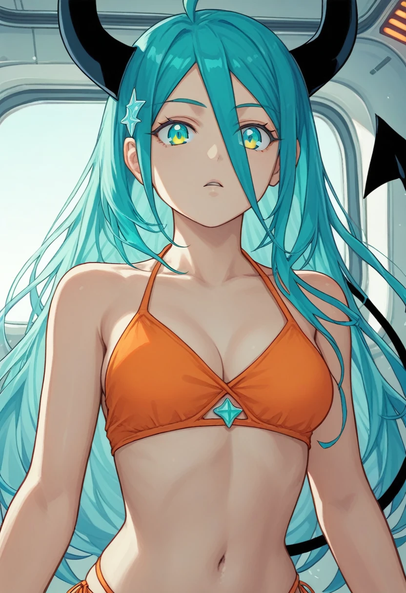 score_9, score_8_up, score_7_up,1 daemon woman, black horns, black demon tail, (aquamarine hair),aquamarine green color hair,ahoge, long hair, (long hair),bangs, light orange bikini, bikini is orange, bikini orange, orange bikini!, (aquamarine eyes), background is spaceship, aquamarine eyes, 1woman ,facing viewer, daemon girl, close up,Well-endowed, alone, Spacecraft interior, sexy pose