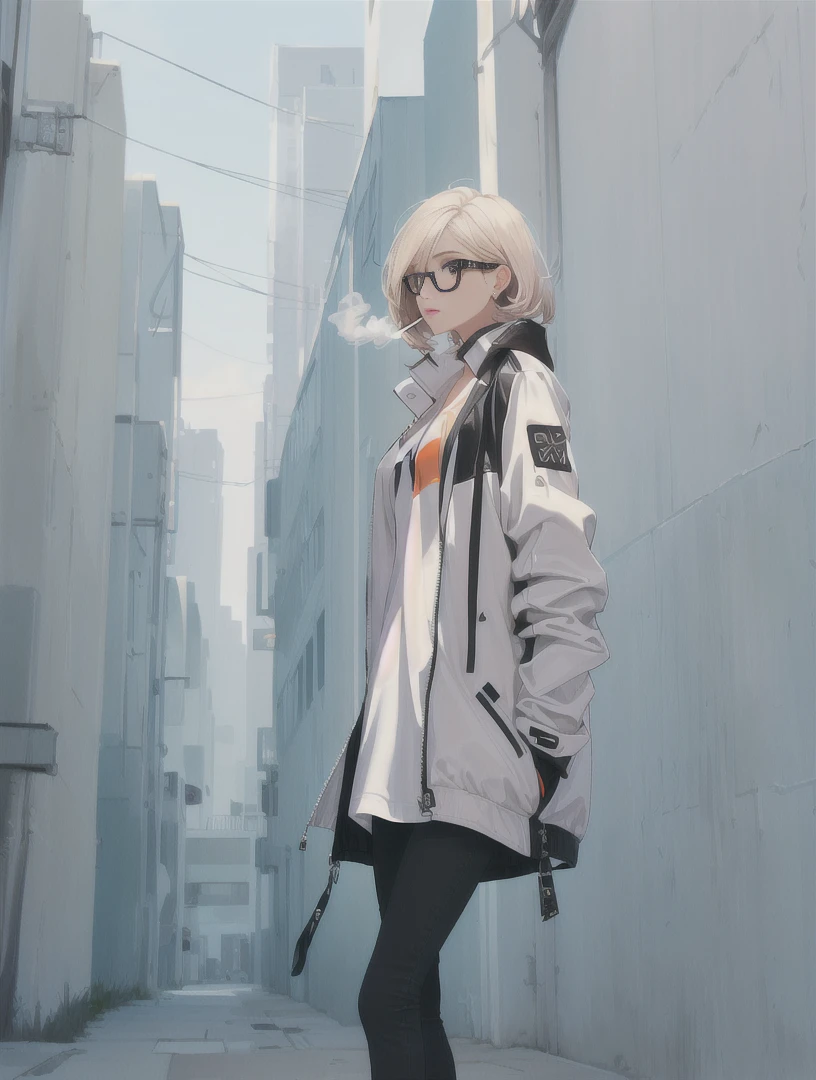 Design a cool girl with glasses, a jacket, and a cigarette. She has a confident and stylish appearance with a modern, urban look. Her glasses are trendy, complementing her sharp features and expressive eyes. She wears a fashionable jacket, either leather or denim, that adds to her edgy vibe. She holds a cigarette in a relaxed, nonchalant manner, adding to her cool demeanor. Her hair is styled in a contemporary fashion. The background features an urban setting with graffiti or cityscape elements, enhancing the modern and stylish atmosphere.