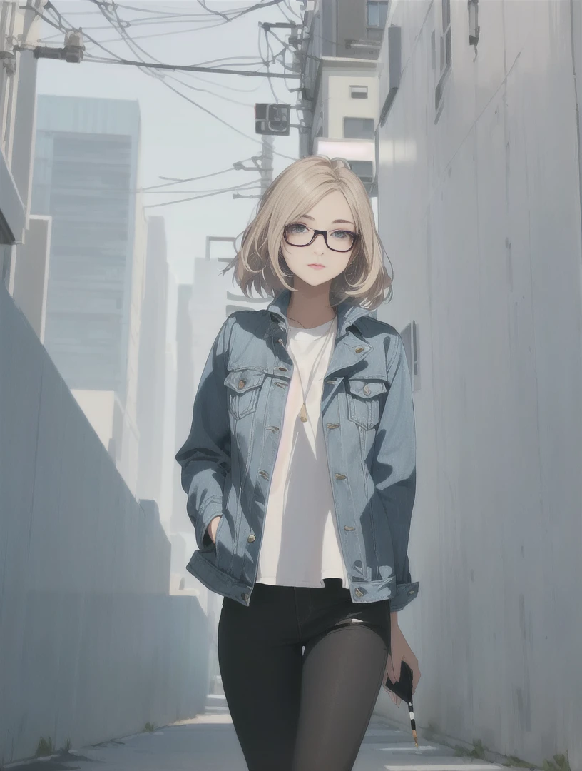 Design a cool girl with glasses, a jacket, and a cigarette. She has a confident and stylish appearance with a modern, urban look. Her glasses are trendy, complementing her sharp features and expressive eyes. She wears a fashionable jacket, either leather or denim, that adds to her edgy vibe. She holds a cigarette in a relaxed, nonchalant manner, adding to her cool demeanor. Her hair is styled in a contemporary fashion. The background features an urban setting with graffiti or cityscape elements, enhancing the modern and stylish atmosphere.