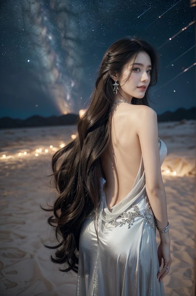 (((best quality))),(((ultra detailed))),(((masterpiece))),illustration,((A beautiful female astrologer,solo)),((slim,thin)),((bare back,towering hips,butt crack)),((shoulder length straight hair)),(laughing:1.2),(earrings,necklace),(sparkled sheer dress:1.3),standing beneath a magical summer night, stars twinkling in the velvety darkness,starry sky, sapphire eyes filled with wonder, flowing ethereal gown mimicking the stars, silver pendant shaped like a horoscope,serene smile and captivating gaze, celestial beauty and mystery, solace and inspiration in the vast expanse of the universe,((from back,upper body))