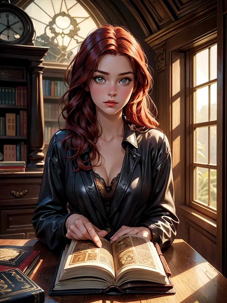 A sophisticated woman in a vintage bookstore, engrossed in an ancient, leather-bound tome, with dusty rays of light streaming through antique windows masterpiece, best quality, intricate, realistic, photorealistic, red hair, , sultry look, seductive,
