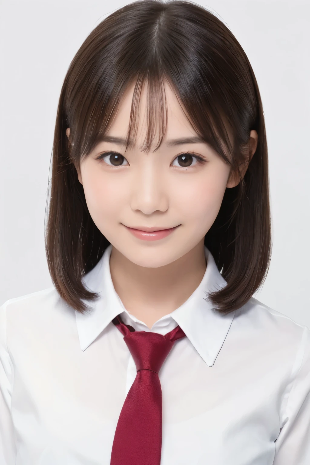 (A photo of your face:1.25), 6 years old, One Japanese woman, beautiful girl, Pretty face, (View your viewers), (Standing facing the camera), (smile)、(Pure white background:1.2)、White shirt、tie