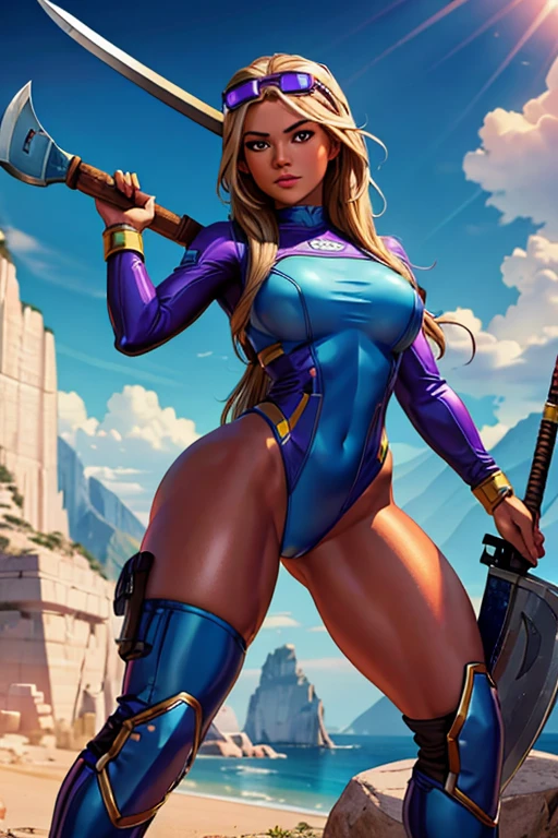 Imagine Olivia Dunne as a Fortnight character, Olivia Dunne as a video game character, Olivia Dunne in a third person shooter video game, created in Drew Hill style. Beautiful 20 year old woman, High-quality facial research of Olivia Dunne, High-quality detailed research of Olivia Dunne's figure, small breasts, brown eyes, dirty blonde hair, long hair, tan-olive skin. Wearing a glossy white and purple leotard, high-tech goggles, boots, ((holding a blue pick axe)), (((decent looking blue pick axe)))). Glamorous, confident expression, fierce and powerful stance.((aiming at the viewer with a gun)), action pose, dynamic pose. Dramatic lighting, high contrast, highly saturated colors, 8k wallpaper, Fortnight based environment, Fortnight based setting, daytime, trees and rocks surrounding her
