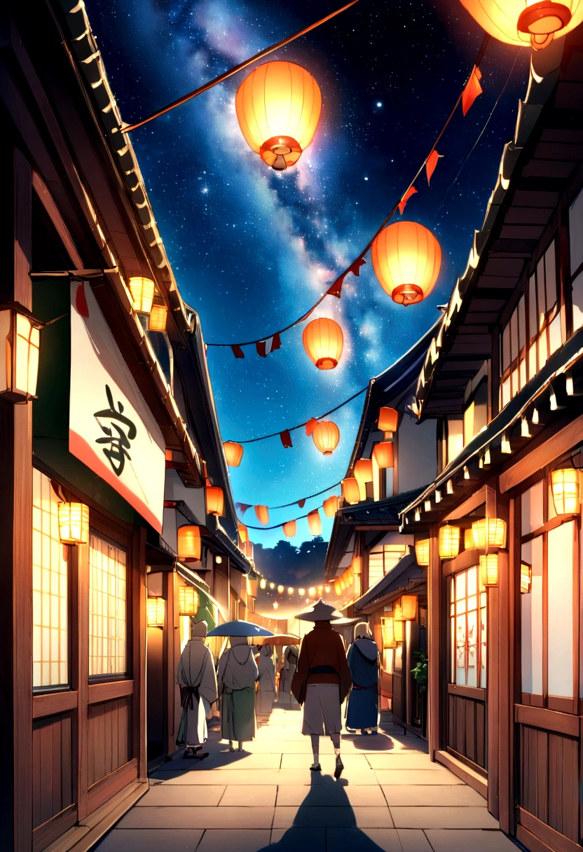 Summer festival、Japan、Bon dance、Milky Way in the light blue sky、The composition ratio of the sky is 60%、No people、The number of lanterns6t