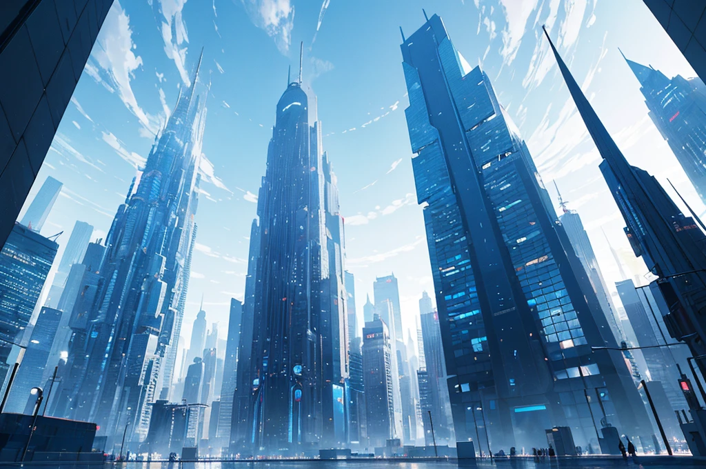 futuristic city, skyscraper, blue theme, blue light, HDR, 4k resolution, blue light, high contrast