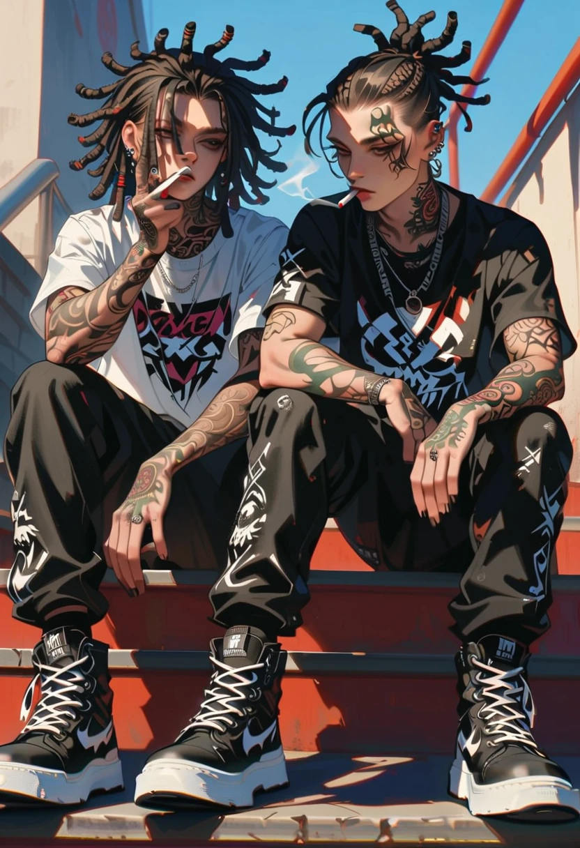 style 9, a boy with raven hair, dreadlocks, black eyes, tattoos, punk style clothing, smoking, dark skin, sitting on some stairs