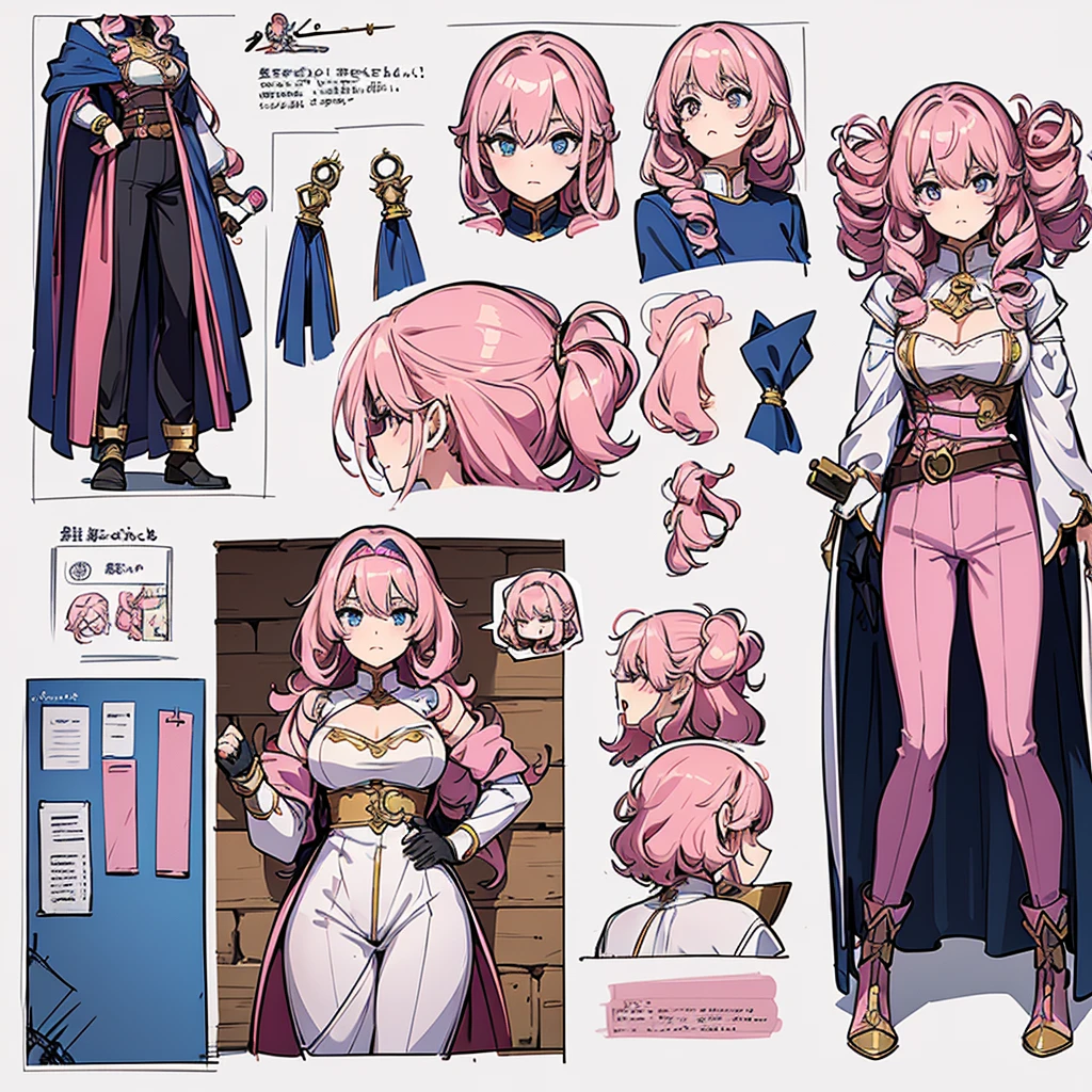 Best illustrations、Best Quality、(Character Sheet:1.3),(The same face:1.1),(One girl、23 years old),Dynamic pose,Medieval Fantasy,accessories,Magic wand,pants,Female Soldier,(White Background)、(The pink god、Shortcuts、Curly hair)