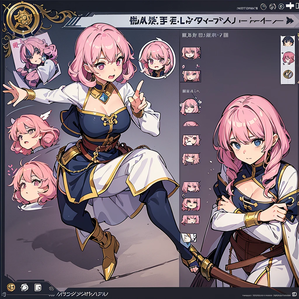 Best illustrations、Best Quality、(Character Sheet:1.3),(The same face:1.1),(One girl、23 years old),Dynamic pose,Medieval Fantasy,accessories,Magic wand,pants,Female Soldier,(White Background)、(The pink god、Shortcuts、Curly hair)