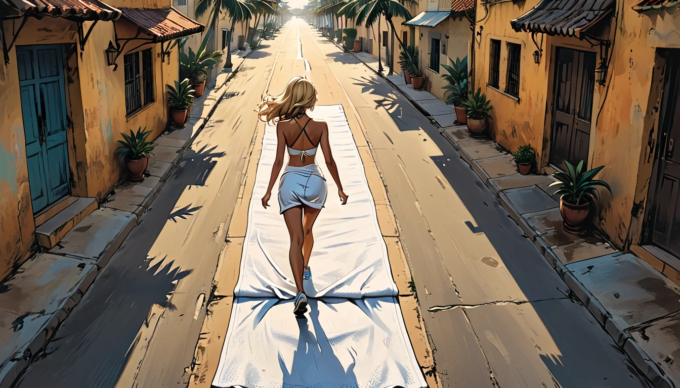 (Rear view), (view from the back) ,((bird's eye view)), 
run, fast running,  emphasis line, motion lines, ((running)), back view running girl in a towel, ((fullbody)) girl running in tropical street, girl dressed in a white towel, adult, Hourglass fitness body, perfect Olive skin, Short blonde Waves pixie hair,  long slim fitness legs, 
graphic style of novel comics, perfect hands, 2d, 8k, hyperrealism, masterpiece, high resolution, best quality, ultra-detailed, super realistic, Hyperrealistic art, high-quality, ultra high res, highest detailed, lot of details, Extremely high-resolution details, incredibly lifelike, colourful, soft cinematic light,