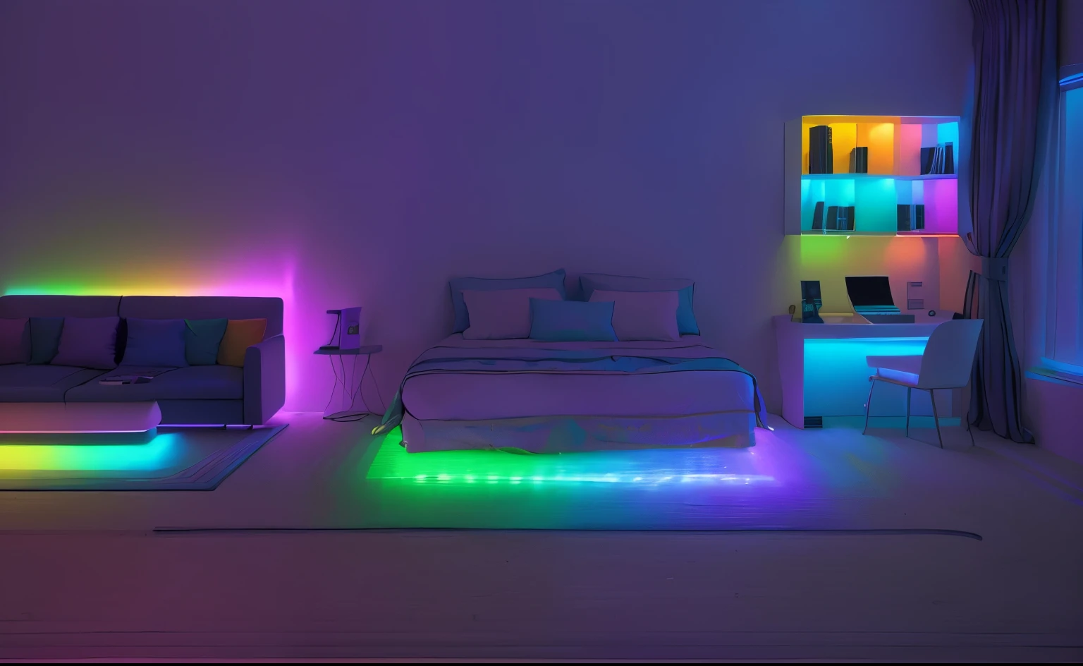 a brightly lit bedroom with a bed and a couch, rgb ethereal lighting, led light strips, neon ambient lighting, rgb lighting, oled lights in corners, colored lighting, neon accent lights, room lighting, rgb led lights, volumetric rainbow lighting, cyberpunk bedroom at night, soft neon atmosphere, rgb lights, subtle multicolored light, soft neon lights