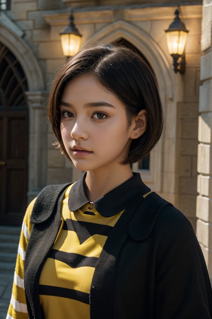 best quality, 8k, very delicate and beautiful, highly detailed face and skin texture, shiny skin, high resolution, cute short hair age girl wearing black hogwarts uniform and yellow stripes stand in front of castle, hufflepuff, sharp focus