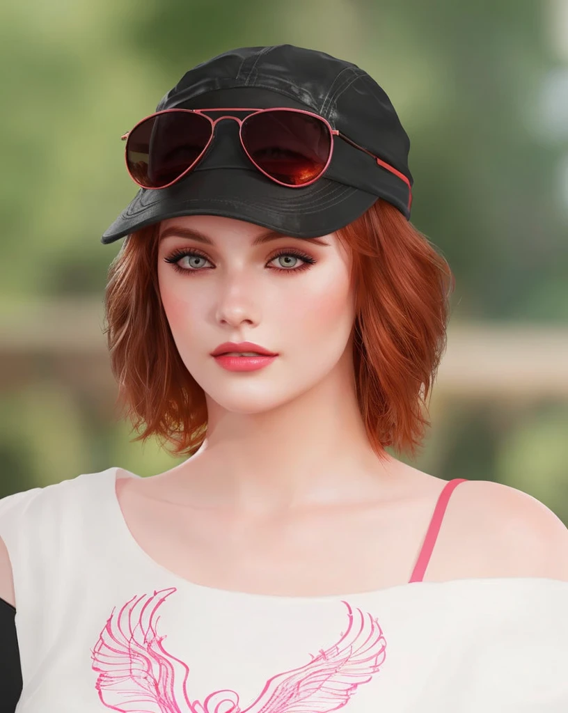there is a woman with a hat and sunglasses woman with medium-hair ,Auburn-red-hair, pale,soft body,eyeliner,portrait, beautiful woman, beautiful female ,beautiful ,eyeliner , elegant, digital painting, smooth, dramatic lighting, ultra realistic, 8k, art , blur backgrond, black background ,black background,black wallpaper
