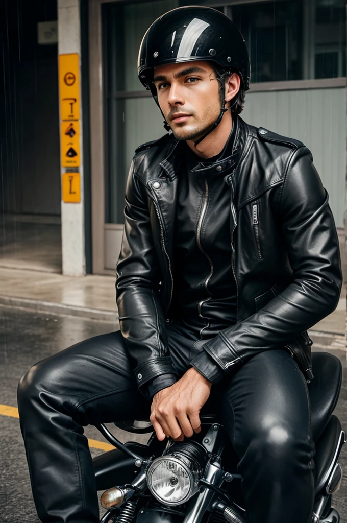 Sexy woman riding motor bike((handsome boy sitting back )) raining,jacket, helmet