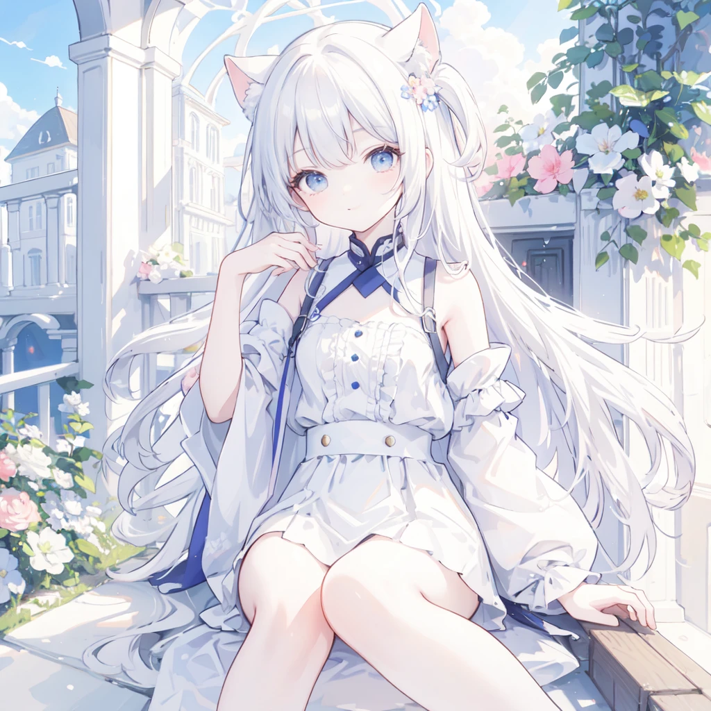 (best quality), masterpiece, Extremely detailed CG8K painting, high color, Extremely high color saturation, All colors are deepened, central composition, Extremely detailed light and shadow, The face and eyes are very detailed, medium length hair, sportswear, colorful clouds，beautiful nature，white hair，Double tail，cute，loli，