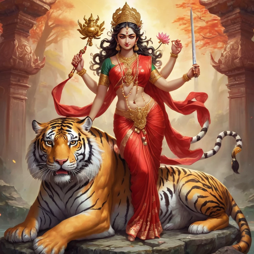 Hindu God。Durga。Beautiful goddess riding a tiger。Goddess of War。Four arms on each side。Each one has a bow、sword、Prayer beads、Lotus flower、Trident、Bulbophyll、disk、holding a potion。Golden ornaments。Wearing a red saree。