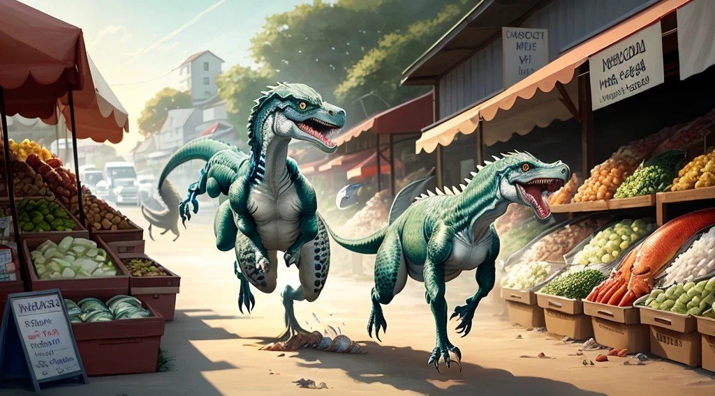 A velociraptor is running away with a small fish in his arms，The background is the seafood market，The vegetable stall owner is chasing behind