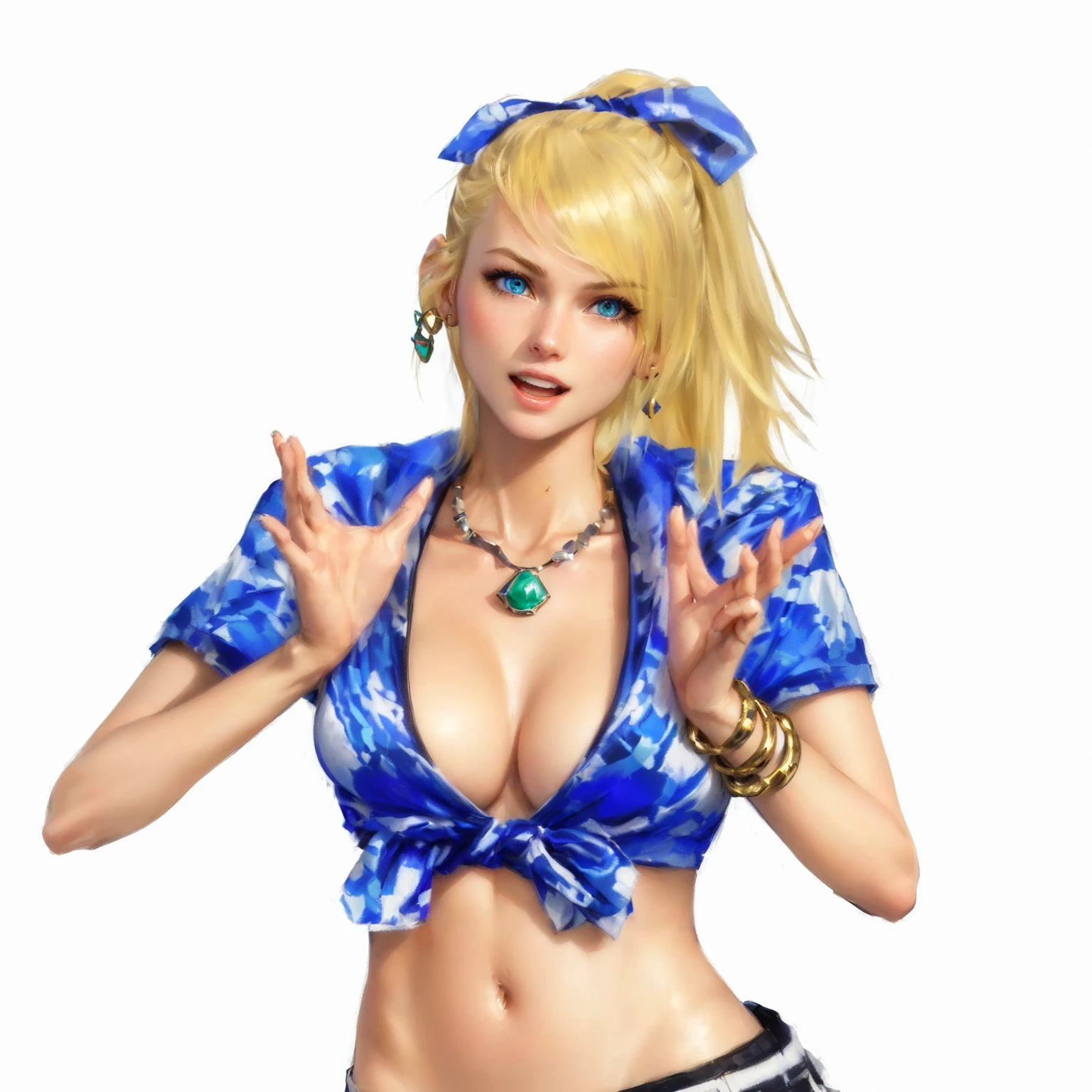 a close up of a blonde girl with a shirt, she's stretching her hands towards the camera as to take it and kiss it, she's American, pale blue eyes, as a character in Out Run 2, of SEGA, 3D CG, Clarissa, 2k, 2 k, she has THREE GOLD simple round bracelets on her left wrist, she has mouth wide open as to joyfully shout "WOW", realistic, render of april, fighting game character, nina from tekken, shirt has some hawaiaan motif on it, she has a foulard tied over her head like a ribbon, she wears no bra, she has a golden necklace with a jade stone, jade drop earrings