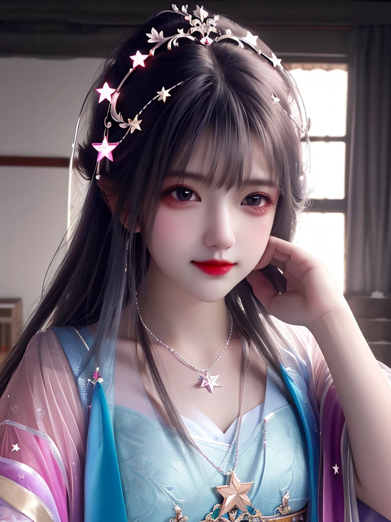 best quality, masterpiece, high resolution, 1 Girl,flirtatious,Colored hair,(Charming smile:0.8),Star-shaped pupil,china hanfu,Hair accessories,necklace, Jewelry,Pretty Face,Above_Body, Tyndall effect,Reality, Dark Studio, Rim Light, Two-tone lighting,(High Detail Skin:1.2), 8K uhd, Digital SLR Camera, Soft lighting, high quality, Volumetric Lighting, frank, photo, high resolution, 4K, 8K, Bokeh