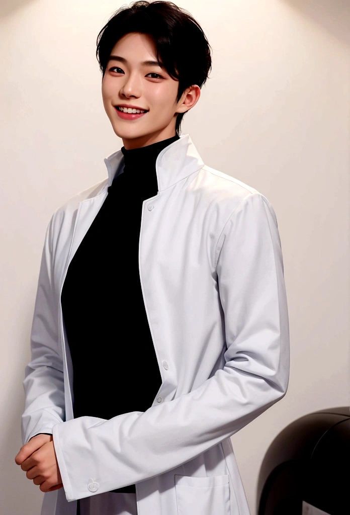 Top quality, super detailed,, (Korean), long body, (black turtleneck)), clean lab, (beautiful), (long body)) big smile, top quality, super detailed, illustration, super detailed view, (realistic), (black hair)), one young man, (all wearing Evian), (researcher in lab coat)), (no glasses), twink, (fair skinned), (knowledgeable), (Korean), long body, (white shirt)), clean lab, (beautiful), (long body)) big smile, right hand is making an "OK" gesture near his face, hand raised near his face. He has a bright and cheerful expression, smiling widely, showing his teeth. His smile is so big his eyes almost close, and he is looking straight into the camera. The background is bright and white, giving the image a clean and fresh look.
