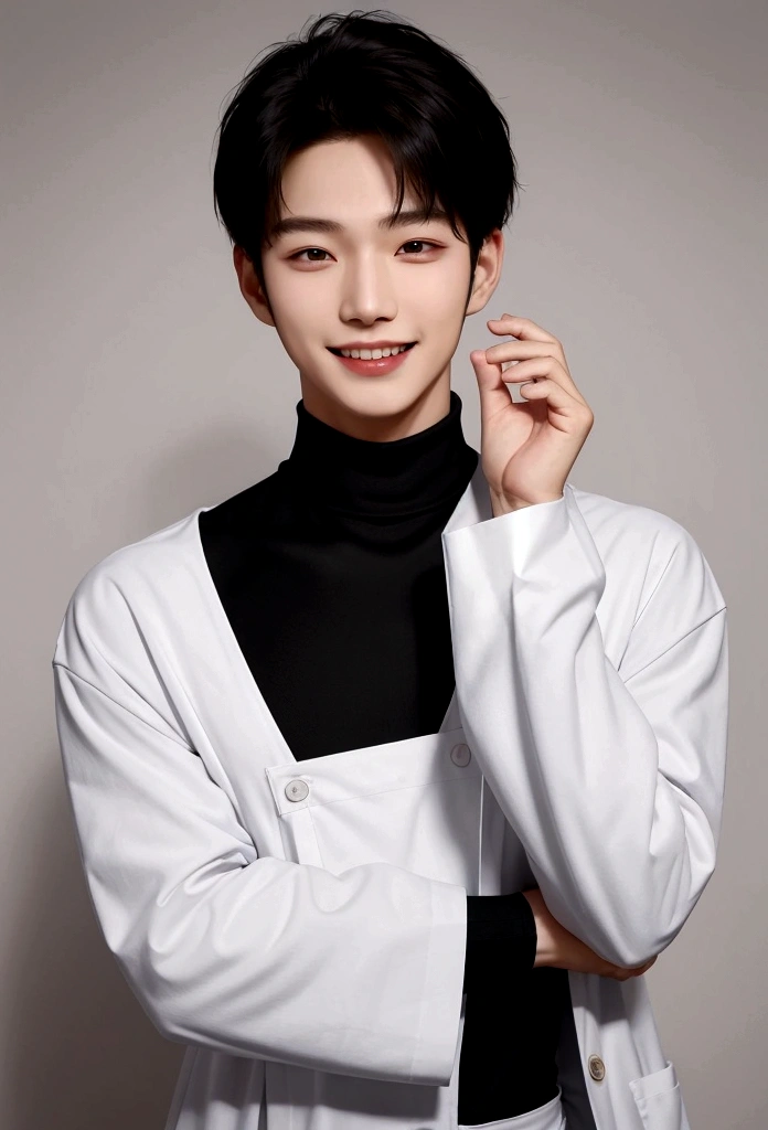 Top quality, super detailed,, (Korean), long body, (black turtleneck)), clean lab, (beautiful), (long body)) big smile, top quality, super detailed, illustration, super detailed view, (realistic), (black hair)), one young man, (all wearing Evian), (researcher in lab coat)), (no glasses), twink, (fair skinned), (knowledgeable), (Korean), long body, (white shirt)), clean lab, (beautiful), (long body)) big smile, right hand is making an "OK" gesture near his face, hand raised near his face. He has a bright and cheerful expression, smiling widely, showing his teeth. His smile is so big his eyes almost close, and he is looking straight into the camera. The background is bright and white, giving the image a clean and fresh look.