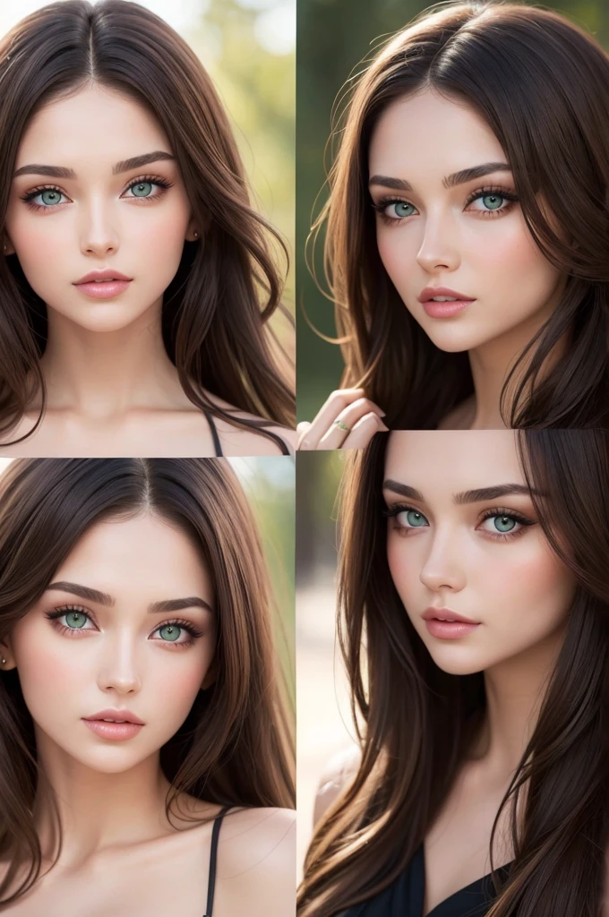 Create a beautiful brunette woman with green eyes with the characteristics of the two most beautiful women today