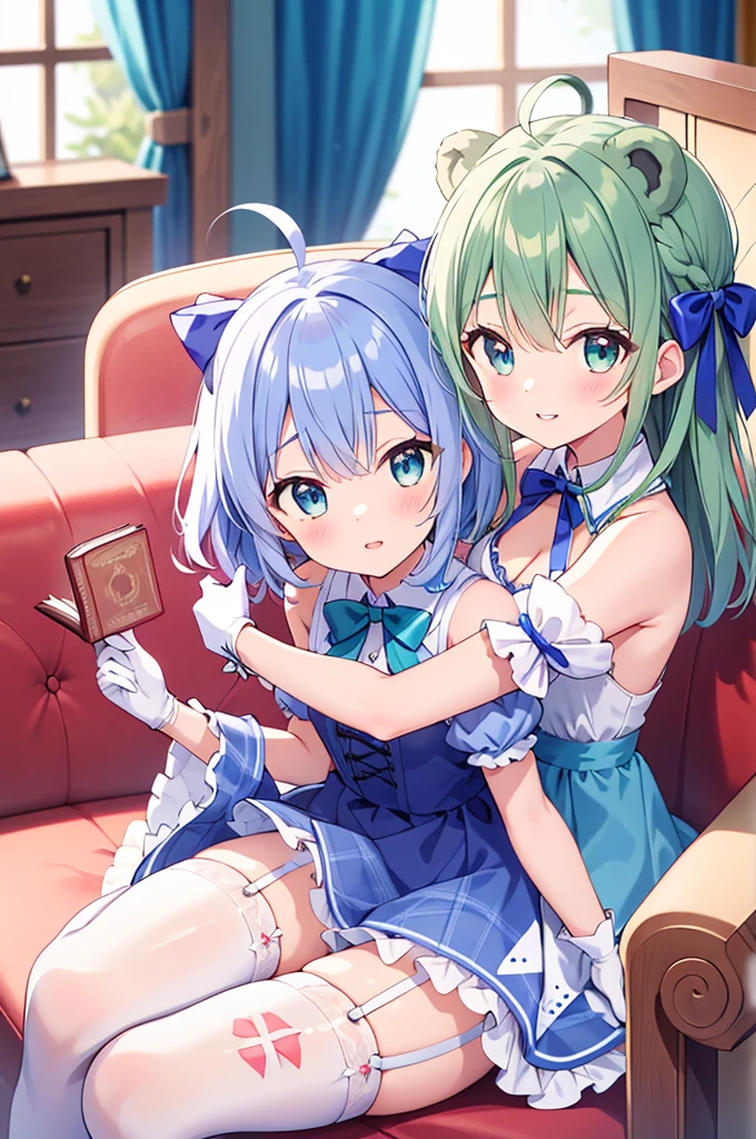girl, charmy-angle, looking at viewer, blue bow, frills, striped bow, frilled dress, white thighhighs, white dress, long hair, dress bow, 1girl, cross-laced clothes, blue eyes, gentle smile, window, puffy short sleeves, detached sleeves, white gloves, short sleeves, :), couch, bow legwear, sea foam green hair, bow print, holding, book, blue dress, ahoge, plaid dress, book stack, dutch angle, on couch, indoors, stuffed animal, white legwear, off shoulder, white bow, hair bow, long hair, diagonal-striped bow, parted lips, medium hair, blush, neck ribbon, short hair, blue ribbon, curtains, green bow, white collar, object hug, bear print, hair ribbon, bare shoulders, eyebrows visible through hair, frilled legwear, detached collar, blue dress, garter straps, teddy bear, stuffed toy, frilled thighhighs, blurry, sitting, frilled bow, print skirt, bear shaped bag, puffy sleeves