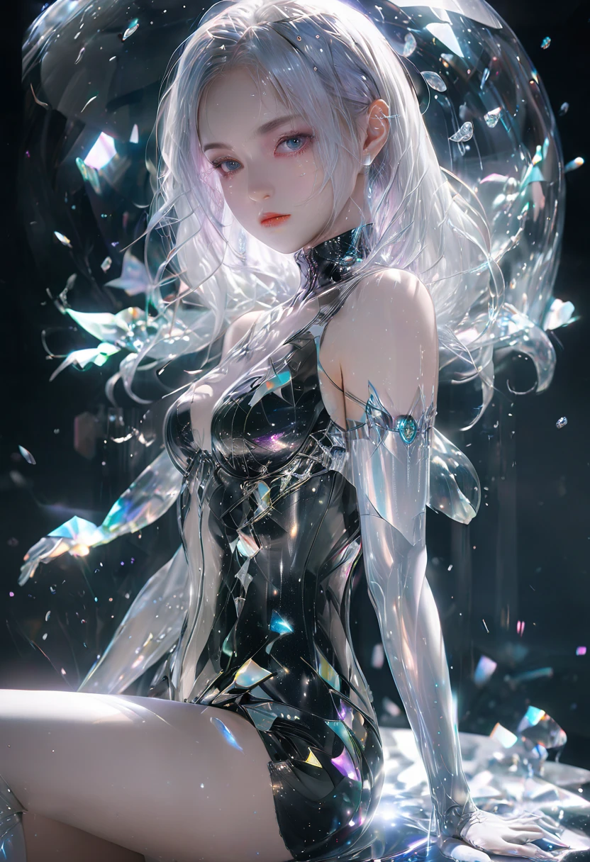 crystal covered, （Full body ：1.3） side shot, alternate color, masterpiece, detailed illustration, realistic, pixiv top quality, exquisite, {{{kawaii 1girl}}}, ultra beauties who fuse with machines, glitter beautiful female, Half of my body is made of machines, transparent glass body, The machines inside the body are transparent, cinematic lighting, dynamic angle, dynamic pose, crystal world, depth of field，Shiny socks，shiny shoes，Crystal stockings
