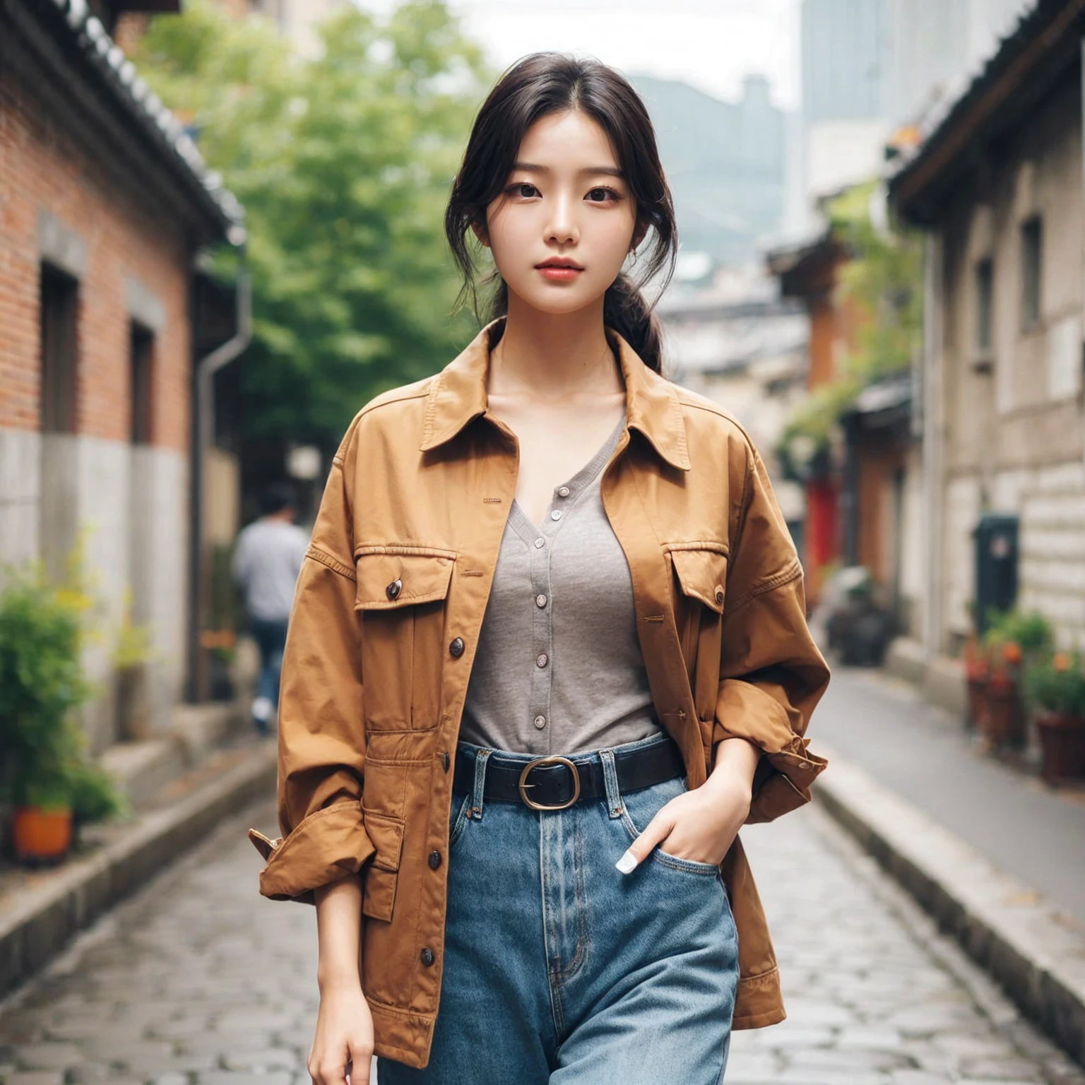 Beautiful young Korean female walking confidently down a cobblestone street in casual, stylish outfits with jackets, shirts, and jeans, medium chest. The backdrop is a vintage urban setting with buildings and greenery, blending modern style with a cool urban vibe.