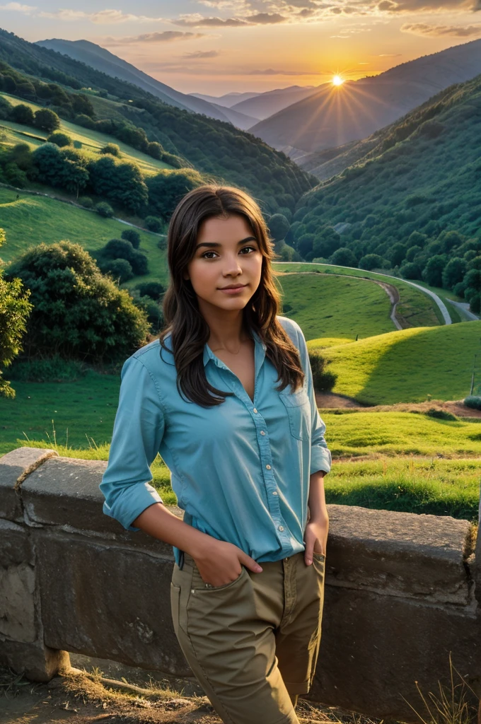 Young Odyssey watching the sun which rises between two hills from a peaceful valley (potrait).