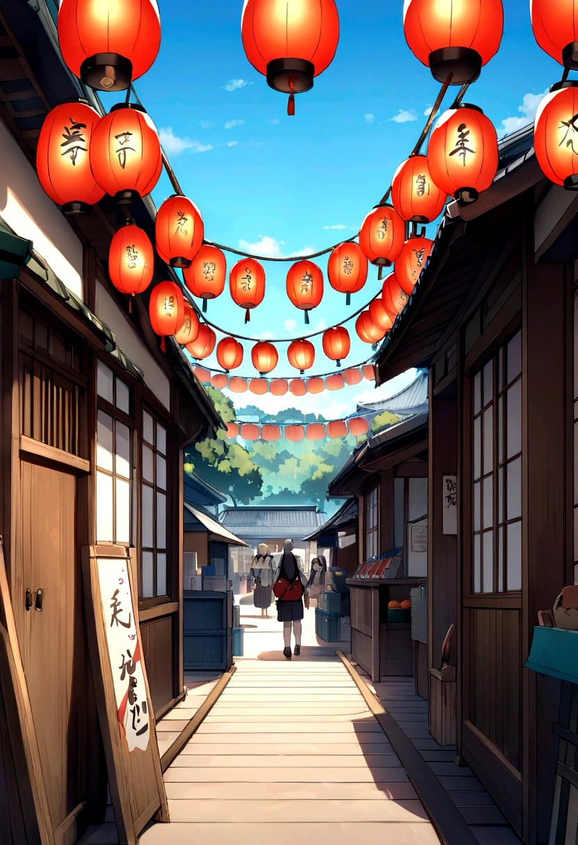 Summer festival、Daytime、Japan、Bon dance、Light blue sky、The composition ratio of the sky is 60%、No people、The number of lanterns6t