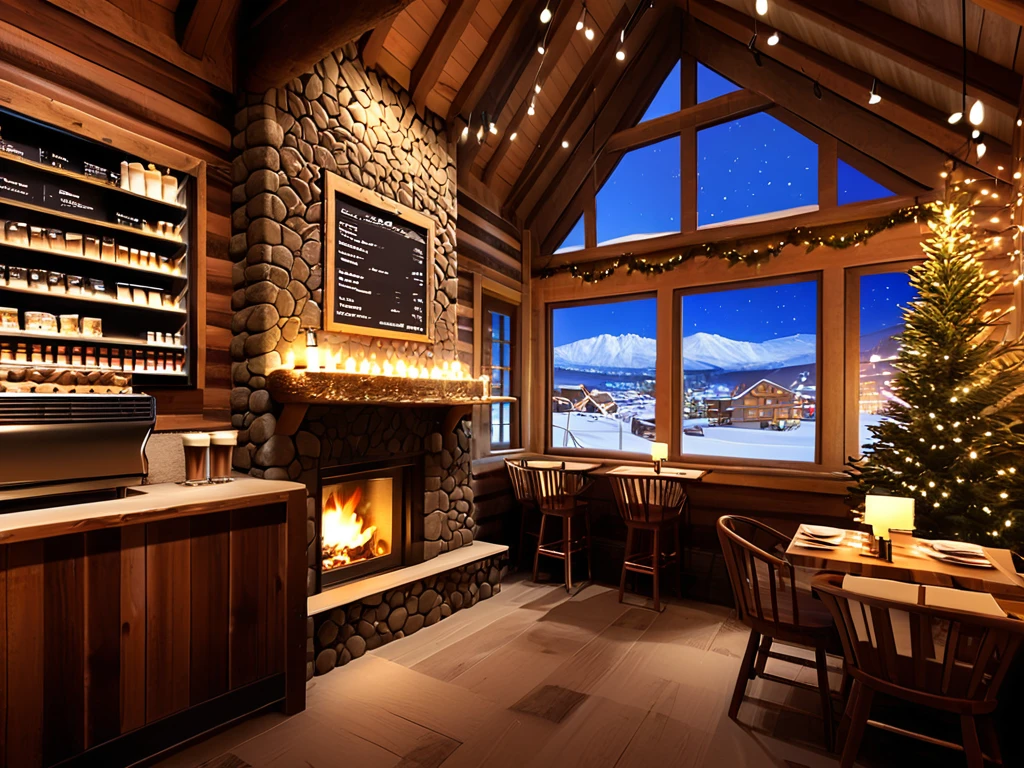 Create an image of a cozy coffee shoop with rustic interior with a roaring fireplace,plus coffee menu, and large windows offering a stunning view of a snowy mountain village at night. and be filled with warm lighting to contrast the cold, twinkling lights outside. 