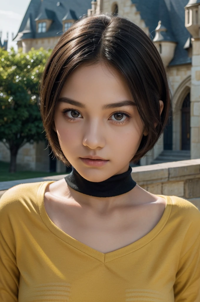 best quality, 8k, very delicate and beautiful, highly detailed face and skin texture, shiny skin, high resolution, cute short hair age girl wearing black hogwarts uniform and yellow stripes stand in front of castle, hufflepuff, sharp focus
